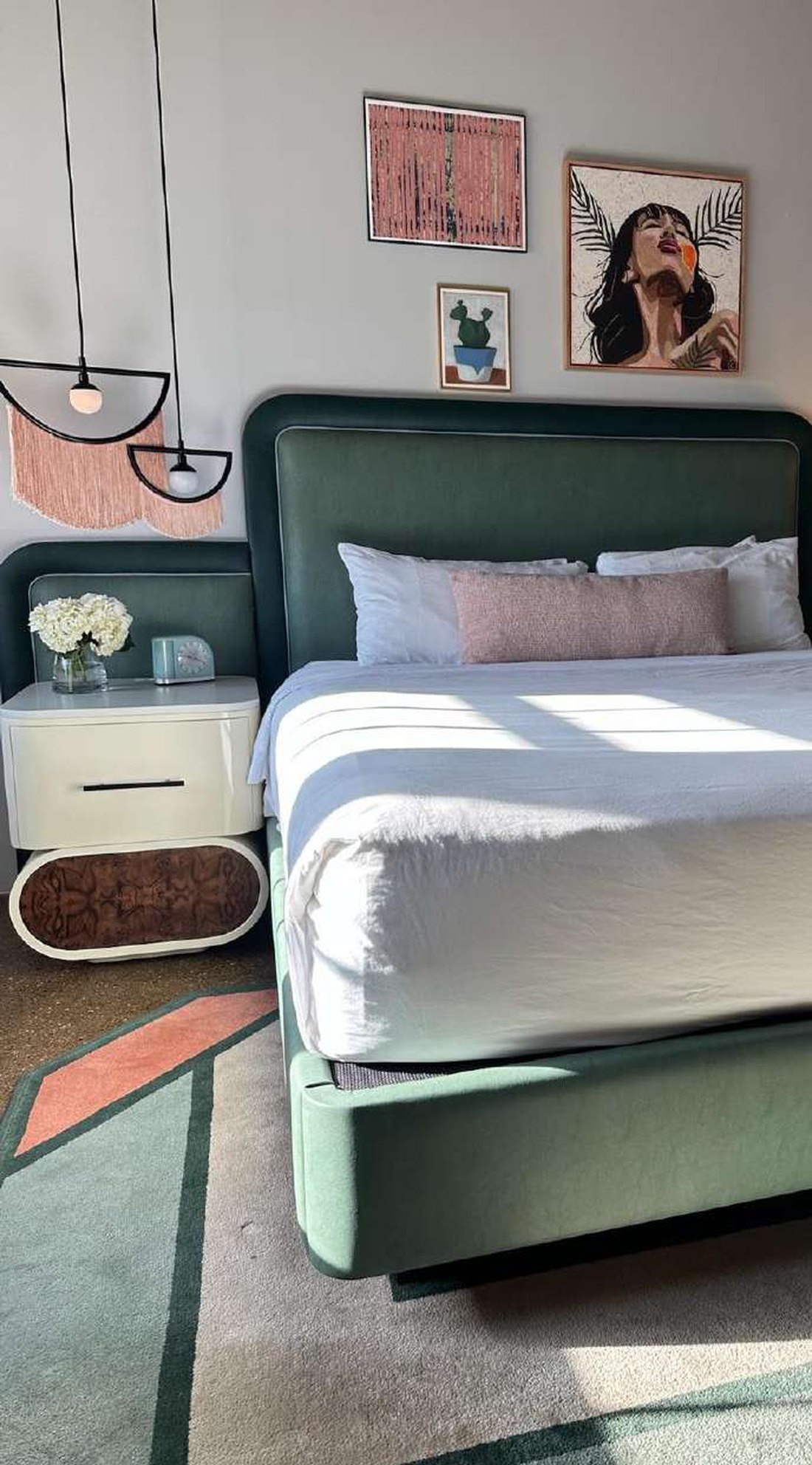 Upholstered bed and burl nightstand produced by Thien Phat
